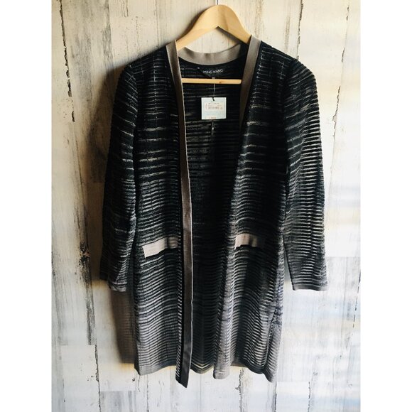 NWT Ming Wang Knit Jacket Semi Sheer Woven Stripes Pockets Black Gray XS